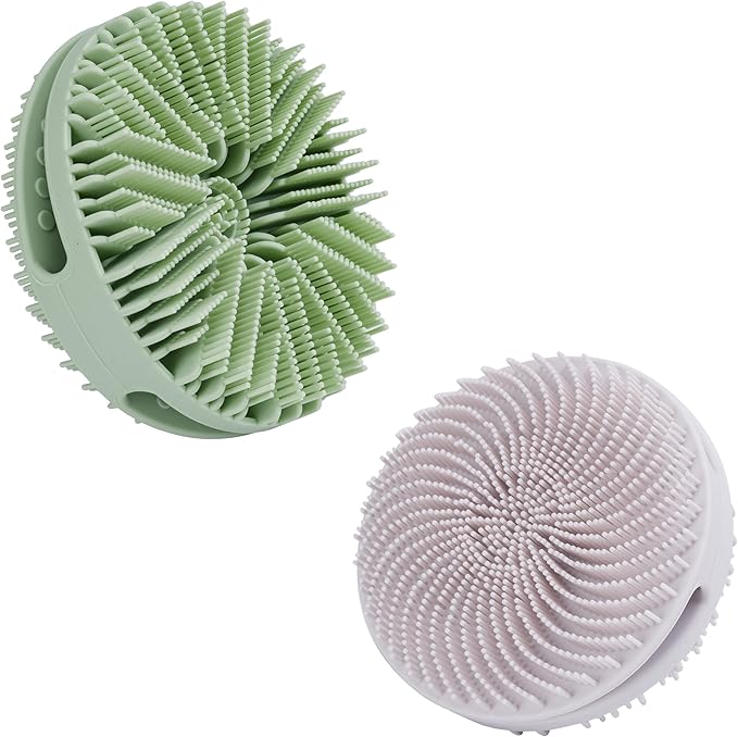 2 Pack Silicone Exfoliating Body Scrubber, Silicone Body Brush, Soft Silicone Loofah for Sensitive Skin, Shower Head Massager, Easy to Clean, Lathers Well(Gray&Green)