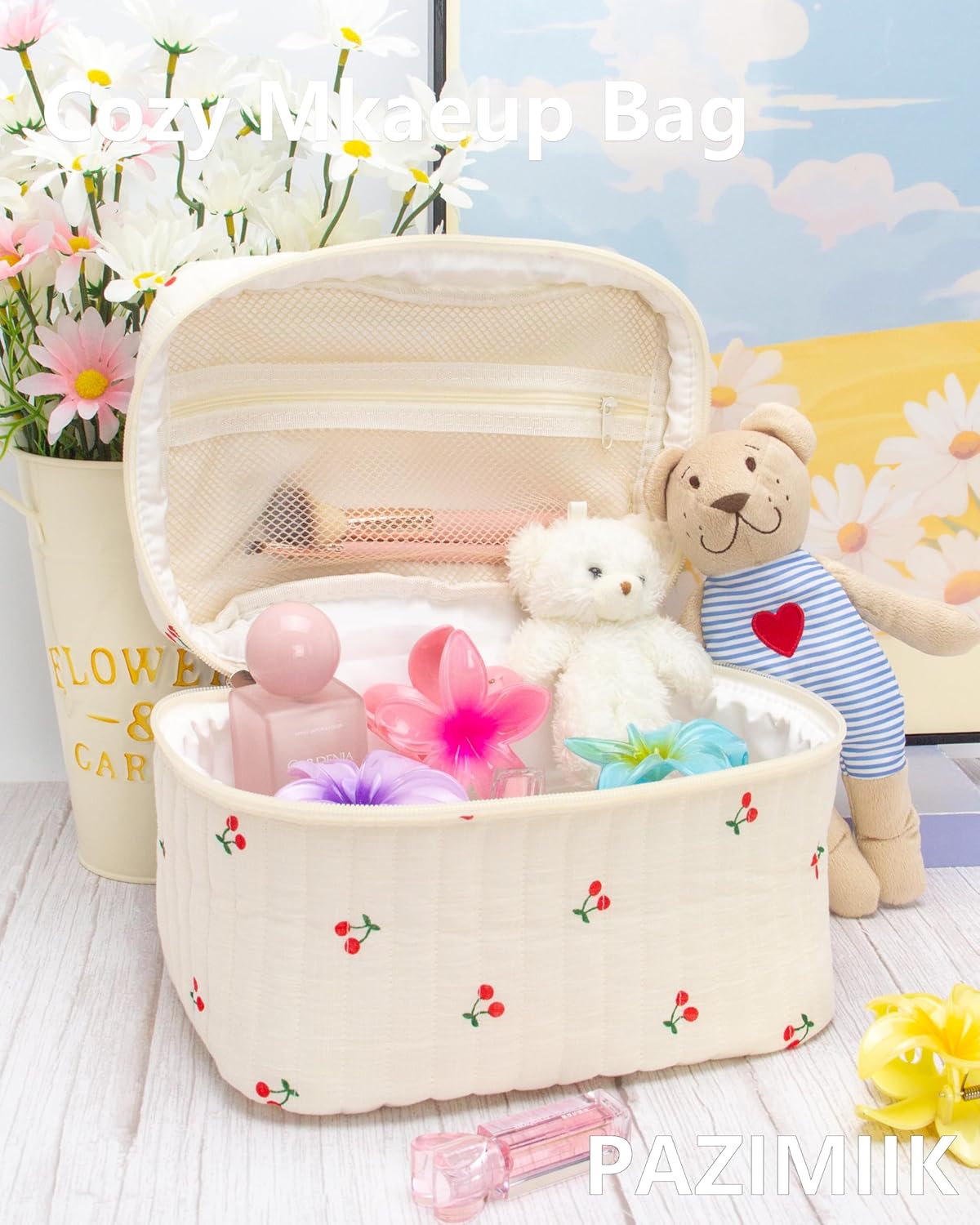 PAZIMIIK 3PCS Makeup Bag SET Large Travel Quilted Zipper Soft Cosmetic Case Pouch for Women Girls Make Up,Cherry Beige