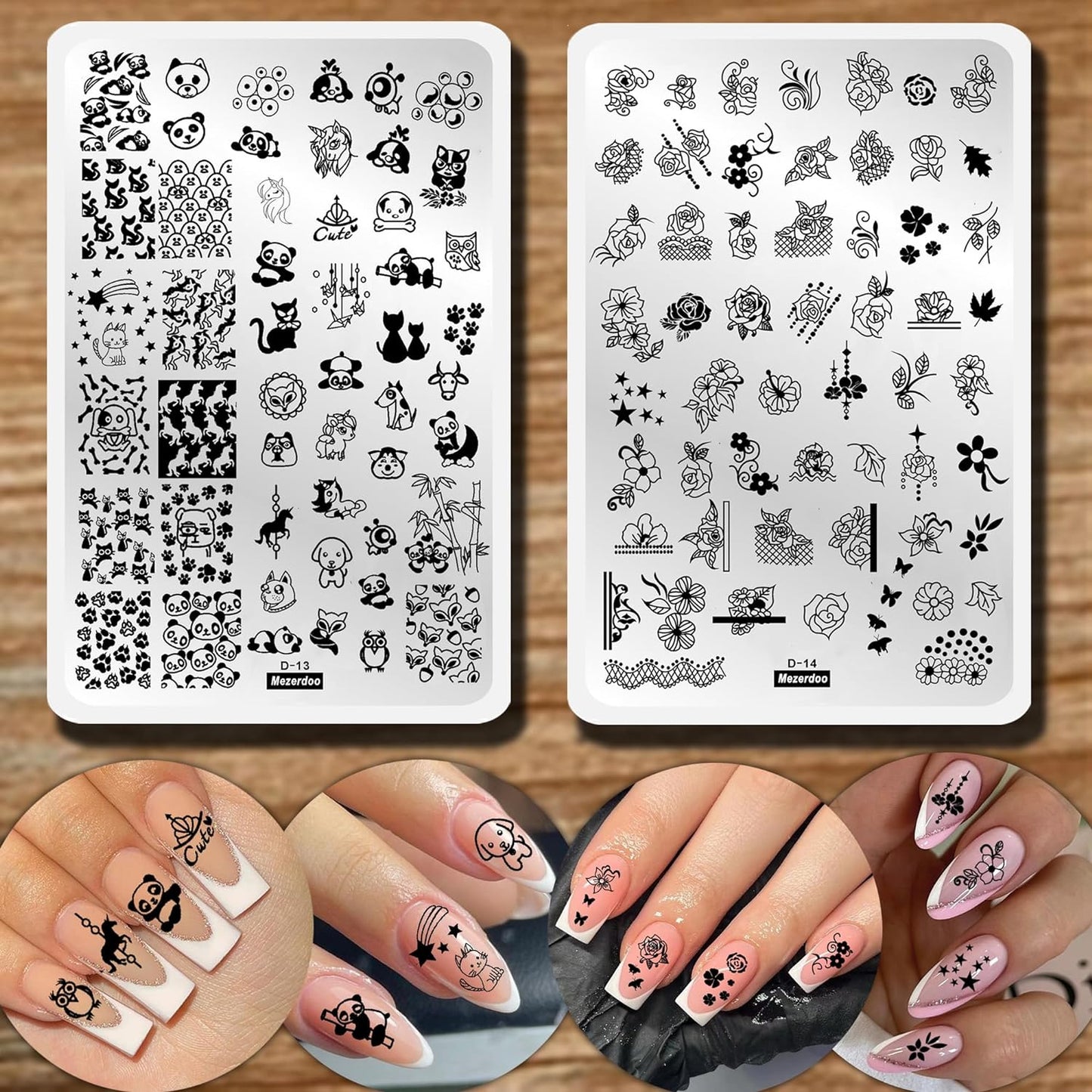 2pcs Floral Animal Series Nail Stamping Plates Template Plants Unicorn Nail Stamp Plates Cute Cat Panda Fox Manicure Image Stamper Plate Flowers Stainless Steel Nail Art Stencil