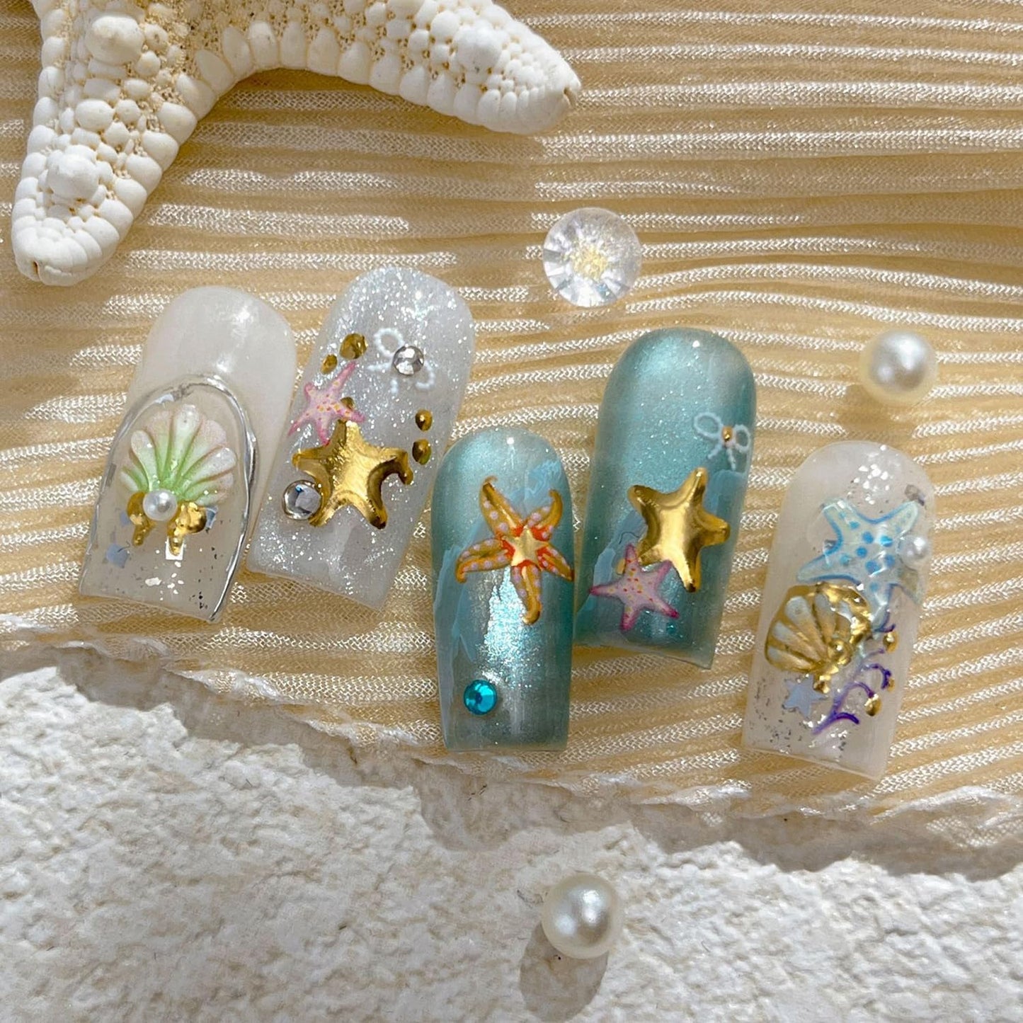 1 Sheets Summer Beach Nail Decals for Nail Art Gold Seashell Starfish Nail Stickers with Diamond Designs Coral Conch Bow Nail Art Stickers 5D Self-Adhesive Ocean Nail Design Supplies for Women