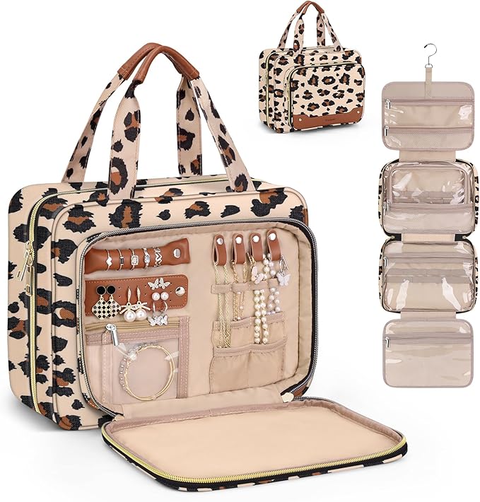 Wedama Toiletry Bag for Women, Hanging Travel Toiletry Bag with Jewelry Organizer Compartment Large Makeup Bag, PVC Waterproof Cosmetic Travel Bag Trips Camping Bathroom, Leopard Print