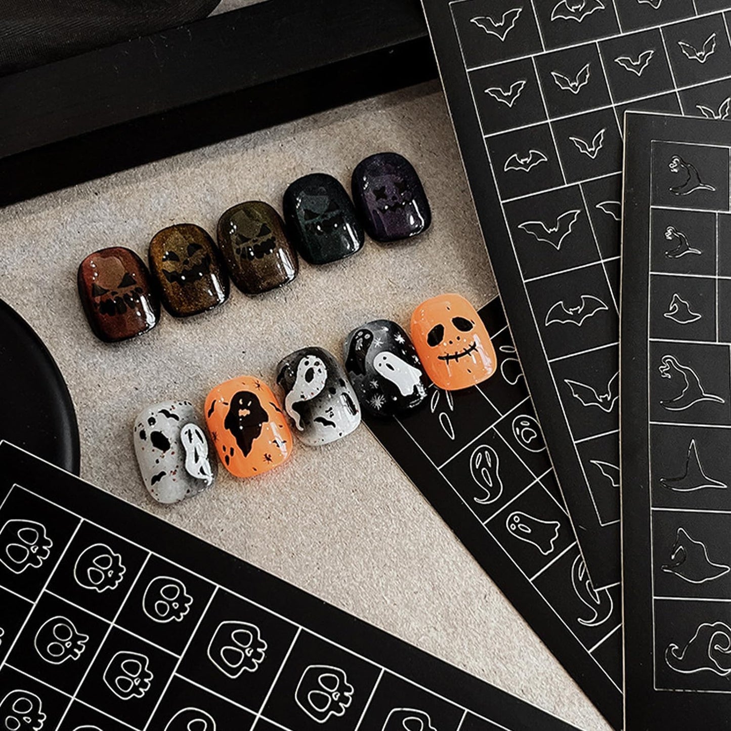 Halloween Nail Stickers Airbrush Stencils Stickers for Nail Art Self Adhesives with Skull Ghost Witch Bat Pumpkin Grimace Designs Supplies Design Nail Guide for Manicure Nails Decoration 6 Sheets