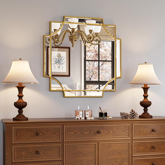 Kelly Miller Gold Framed Mirror for Wall, 26"x26" Gold Square Vanity Mirror Decorative Mirror Beveled Wall Decor for Bathroom Powder Room Living Room Bedroom Bedside Table Entryway Hallway