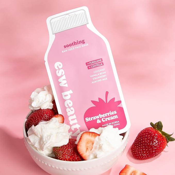 ESW Beauty Strawberries & Cream - Soothing Raw Juice Face Mask - Calming with Coconut, Vanilla Bean, Almond Milk & Strawberry for Sensitive Skin - Reduces Redness & Nourishes