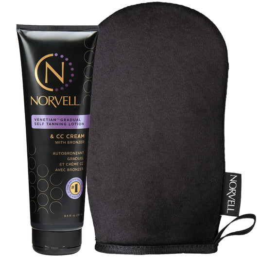 Norvell Tanning Bundle: Self Tan Extender Lotion, 8,5 fl. oz. + Streak Free Tan Applicator Mitt - Premium After Tanning Lotion Moisturizer and Washable Mitt for Flawless Results