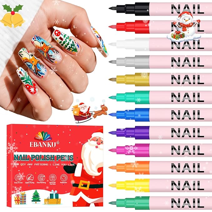 EBANKU 12 Colors Nail Art Pens Set, Christmas Nail Polish Pen Quick Drying 3D Acrylic Paint Pen Nail Markers for Christmas Nail Art Painting Point Dotting Liner Pen Manicure Tools Nail Design