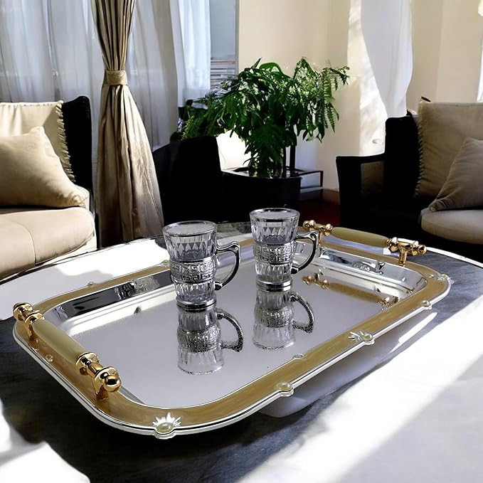 (Pack of 2) 16.3 inch x 11.8 inch Oblong Chrome Plated Serving Tray with Handles Mirror Iron Gold Floral Edge Decorative Party Wedding Buffet Wine Decor Platter Plate Base FST-010