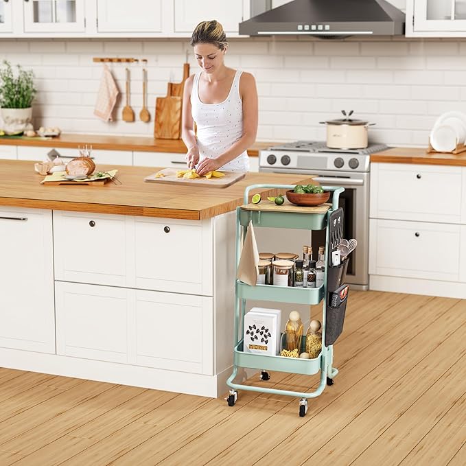 DTK 3 Tier Metal Utility Rolling Cart with Table Top and Side Bags, Metal Tray Storage Organizer Cart with Wheels, Art Craft Cart with 4 Hooks for Kitchen Bathroom Office Living Room (Green)