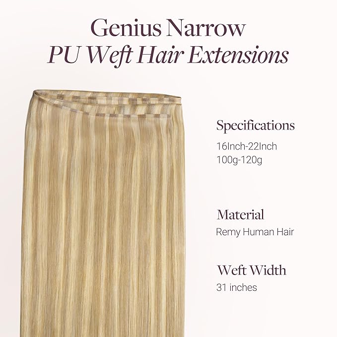GOO GOO Genius Narrow Edge PU Weft Hair Extensions Human Hair, Invisible Sew in Hair Extensions Human Hair, P16/22A Light Blonde Highlighted Golden Blonde 16 Inch 100g, Seamless Soft Lightweight