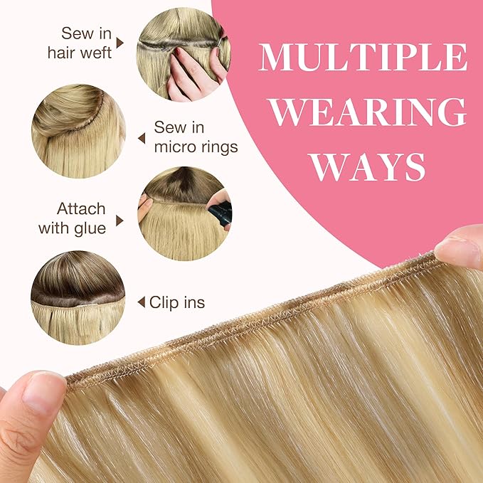 GOO GOO Sew in Hair Extensions Real Human Hair, Weft Hair Extensions Human Hair, 16/22 Light Blonde Highlighted Golden Blonde 20inch 130g, Weft Bundles Straight Silky Remy Hair