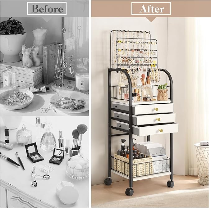 Keebofly Large Jewelry Organizer Stand with 3 Drawers, Floor Display Holder with Necklace, Earring, Bracelet, Ring Storage — Rolling Armoire Tower for Bedroom or Closet (Black)