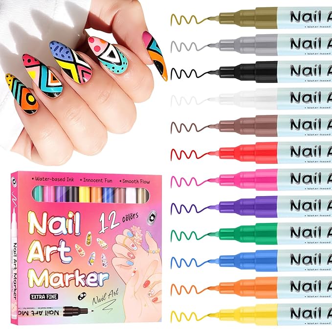 EBANKU 12 Colors Nail Art Marker Pens Set, Nail Polish Pen for Nail Art, Nail Pen for Painting Nail, Acrylic Paint Nail Point Dotting Liner Pen Tools for Home DIY Salon Nail