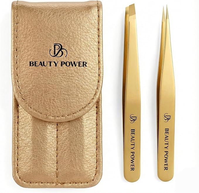 Professional Tweezers Set – Slant & Point, Ultra Precision German Stainless Steel Tweezers for Eyebrows, Chin, Ingrown Hair & Facial Grooming – Lightweight with Travel Case (Matte Gold)