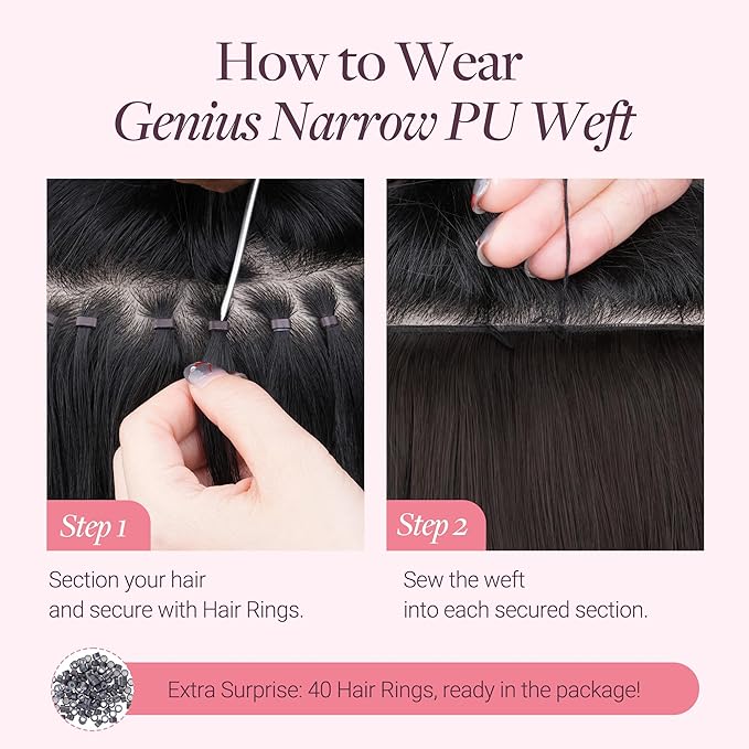 GOO GOO Genius Narrow Edge PU Weft Hair Extensions Human Hair, Invisible Sew in Hair Extensions Human Hair, 2 Dark Brown 16 Inch 100g, Seamless Soft Lightweight