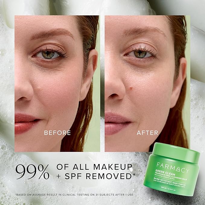 Farmacy Sensitive Skin Makeup Remover Cleansing Balm - Green Clean Waterproof Makeup Remover Balm + Oil Cleanser for Face - Melts Make Up + SPF - Hydrates + Softens Skin - Fragrance Free (30ml)