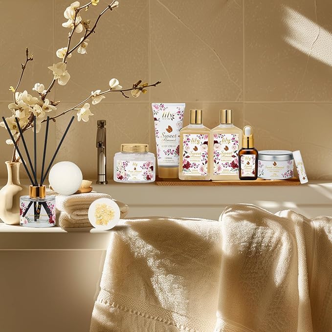 Valentines Day Gifts Spa Gift Basket Set for Women 17-Piece Almond Luxury Spa Gift Set Bath & Body Care Kit with Shower Gel | Christmas, Mothers Day Gift for Mom, Birthday Gifts for Her, Wife, Mom