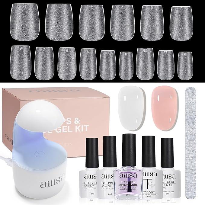AILLSA Extra Short Coffin Gel Nail Kit 240pcs Full Nail Tips with 2 In 1 Nail Glue Base Top Coat Nail Dehydrator U v Led Lamp, Gel Extension Nail Kit for Beginners Home Salon