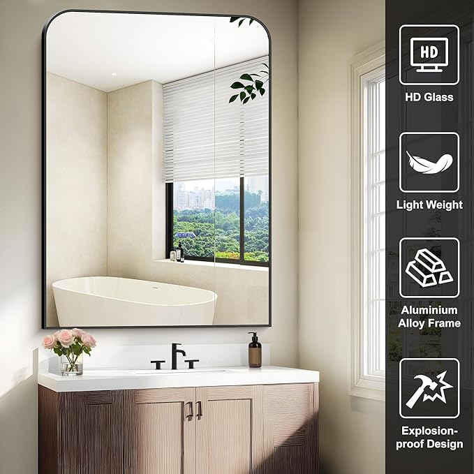 Bathroom Mirror, 36x48 inch Large Black Rectangle Wall Mounted Mirror with Thin Frame, Bathroom Vanity Mirrors for Over Sink, Entryway, Living Room, Bedroom