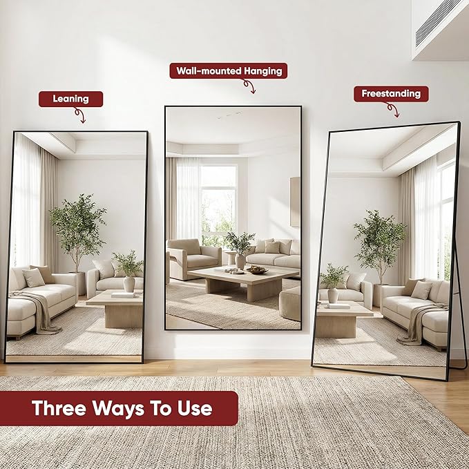 Suidia Full Length Mirror, 44"x76" Floor Mirror Freestanding, Rectangular Full Body Mirrors with Stand for Bedroom, Hanging Mounted for Living Room Cloakroom, Black