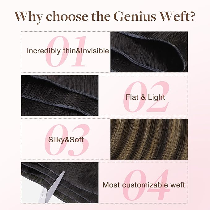 GOO GOO Genius Sew In Remy Weft Hair Extensions, 2/6/2 Balayage Dark Brown to Chestnut Brown 20inch 60g, Hand Tied