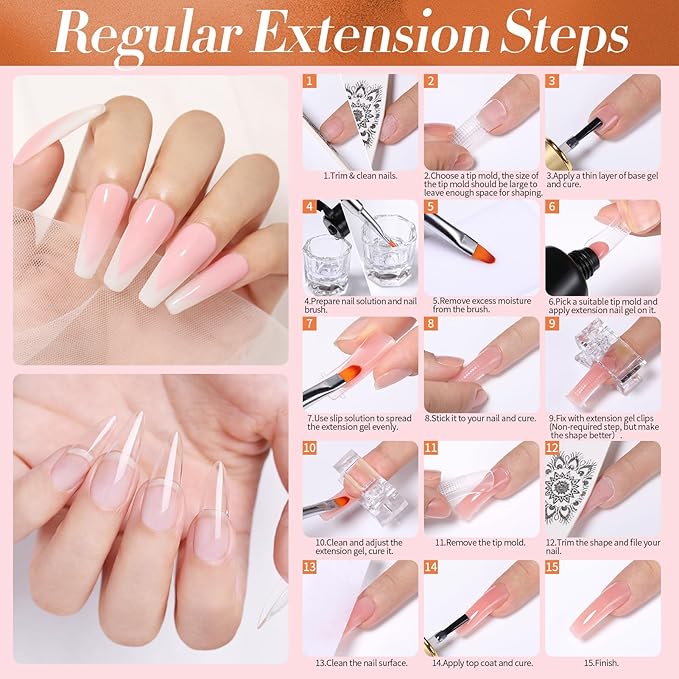 BORN PRETTY Poly Extension Gel Kit-12 Colors Extension Nail Gel Kit Nude Clear Jelly Pink All-In-1 Kit Builder Glue with Nail Lamp Base Top Coat Set Nail Forms French Manicure Ideal Gifts