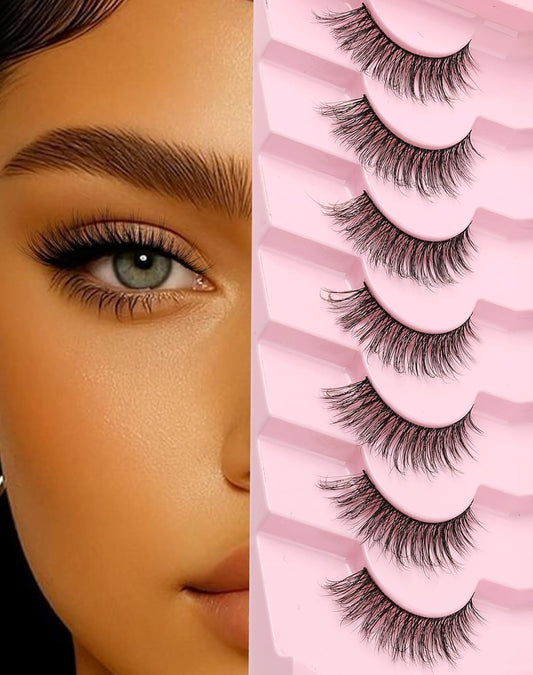 Natural Lashes Wispy False Eyelashes Strip Flared Natural Look Eyelash CatEye Lash Soft Lashes Fluffy Mink Eyelash Pack 7 Pairs 16MM D76