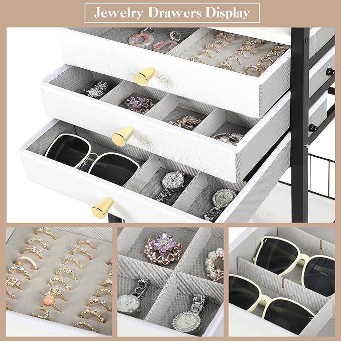 Keebofly Large Jewelry Organizer Stand with 3 Drawers, Floor Display Holder with Necklace, Earring, Bracelet, Ring Storage — Rolling Armoire Tower for Bedroom or Closet (Black)