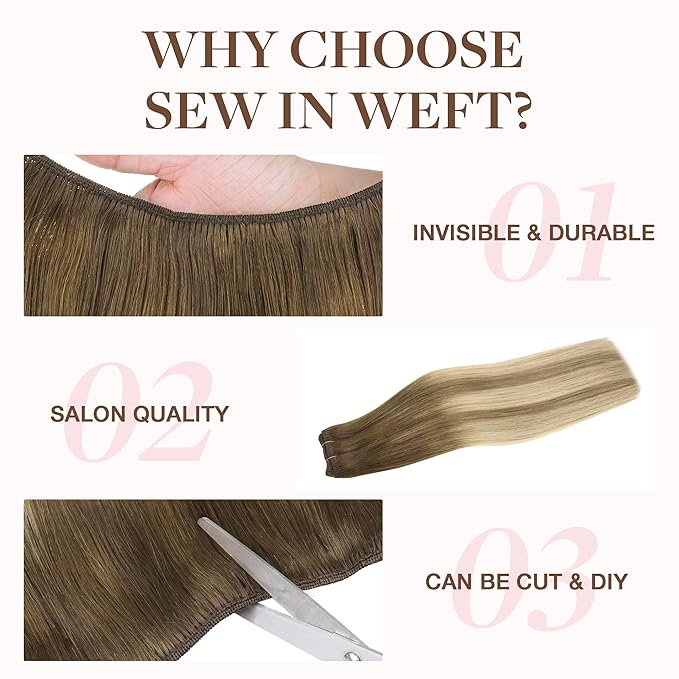 GOO GOO Sew in Hair Extensions Real Human Hair, Weft Hair Extensions Human Hair, 3/8/613 Balayage Walnut Brown to Ash Brown and Bleach Blonde 18inch 120g, Weft Bundles Straight Silky Remy Hair