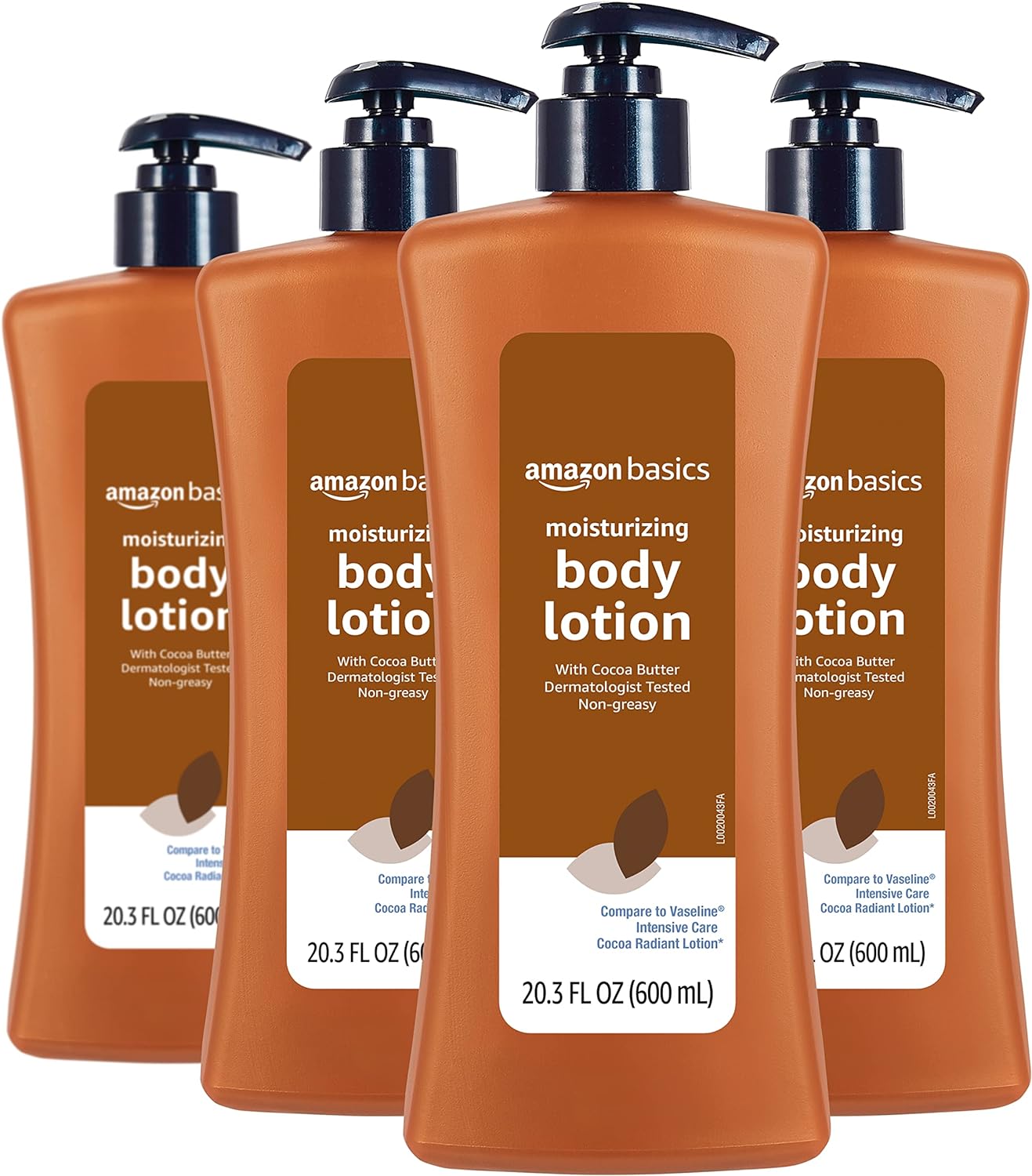 Amazon Basics Moisturizing Cocoa Butter Body Lotion for Dry Skin, Non-Greasy, Paraben Free, Lightly Scented, 20.3 Fl Oz, Pack of 4