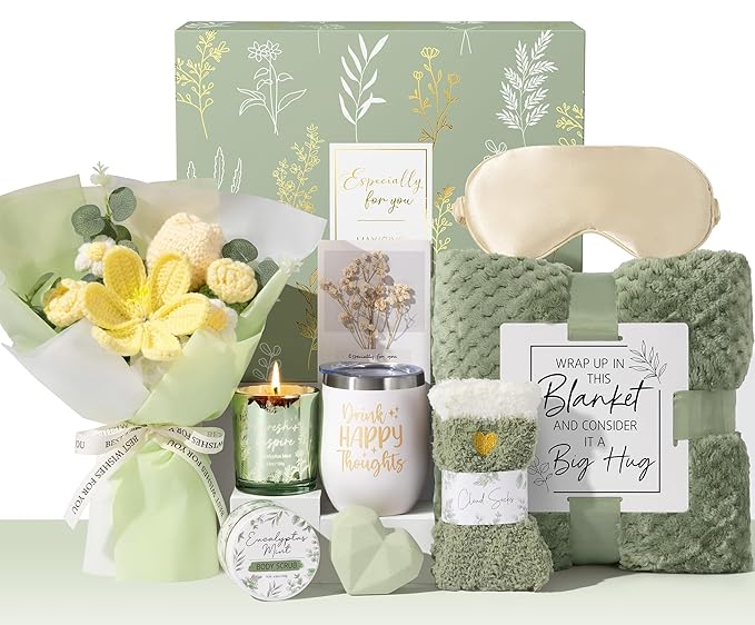 Valentine's Day Birthday Gifts for Women Self Care Package Get Well Soon Gift Baskets, Thinking of You Sympathy Spa Gift Set w/ Crochet Flower Bouquet, Unique Gifts for Women Her Wife Girlfriend Mom