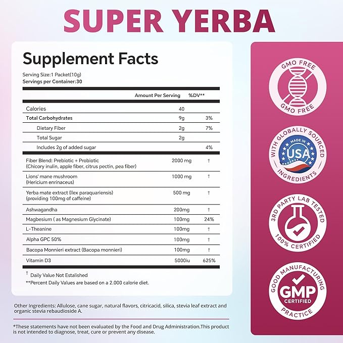 ZOOONE Super Yerba Mate tea Instant Powder 30 Packets- Raspberry Lemonade Flavor | Servings Clean Energy & Focus Boost Brain Fog Buster| Gut Support, Antioxidants