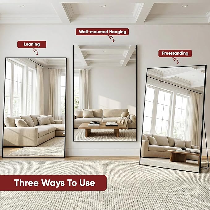 Suidia Full Length Mirror, 44"x72" Floor Mirror Freestanding, Rectangular Full Body Mirrors with Stand for Bedroom, Hanging Mounted for Living Room Cloakroom, Black