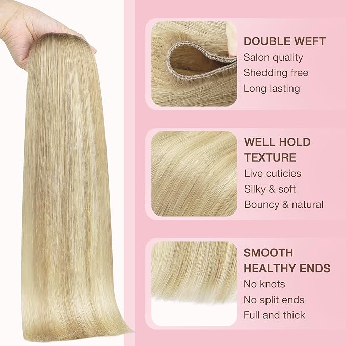 GOO GOO Sew in Hair Extensions Real Human Hair, Weft Hair Extensions Human Hair, 18ET90A Natural Blonde Balayage 16inch 100g, Weft Bundles Straight Silky Remy Hair