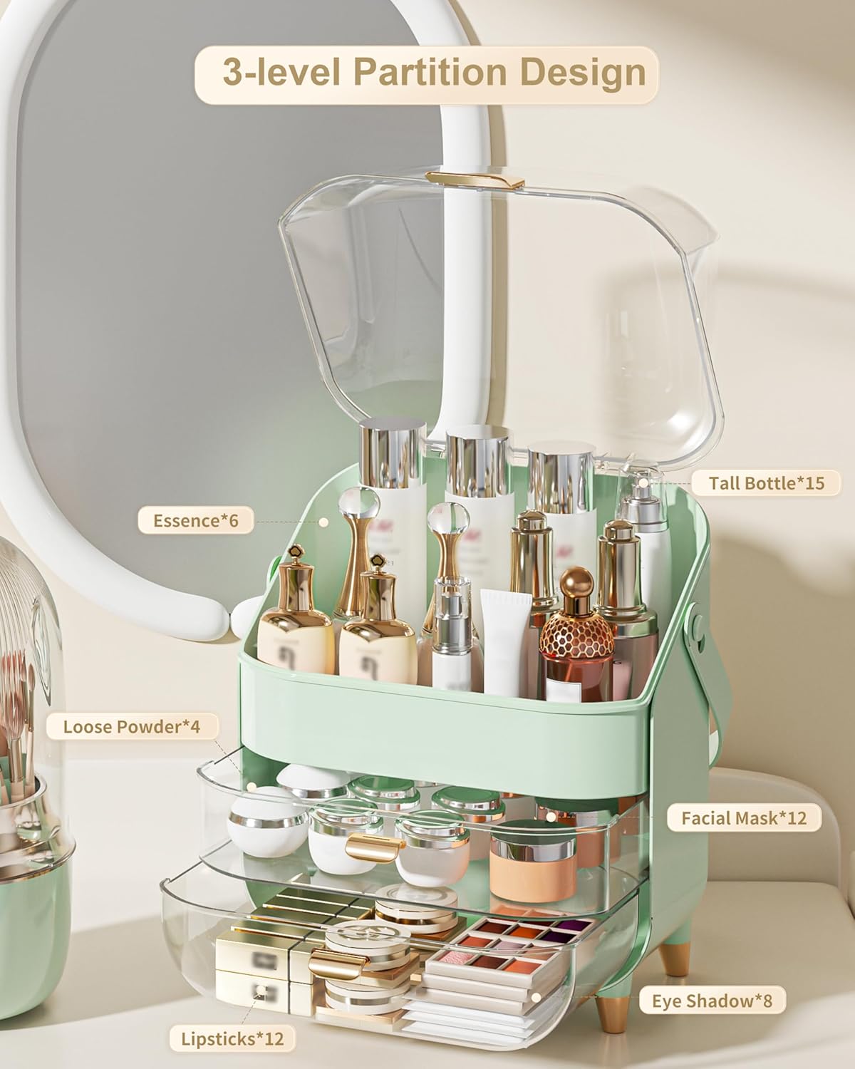 Makeup Organizer, Skincare Holder Bathroom Counter Organizer, Storage Box Cosmetic Display Cases, Teen Girl Gifts Trendy Stuff Make up Organizers for Vanity, Dresser, Countertop (Green)