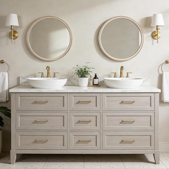 WallBeyond Round Mirror 24 Inch, Linen-Texture Circle Wall Mirror for Bathroom, Bedroom, Entryway, Living Room