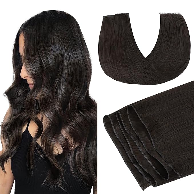 GOO GOO Genius Human Hair Extensions - Sew In Rooted Remy Weft, 2 Dark Brown 14 Inch 80g, Hand Tied
