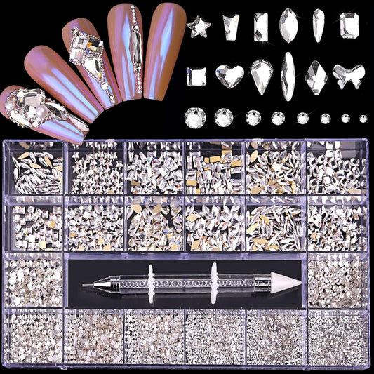 Nail Rhinestones Kit, Nail Art Decorations Flat AB Rhinestones Kit DIY Crafts Gemstones for Nail, Shoes, Clothes, Jewels (600 Clear Diamonds + 2500 Flat Rhinestone)
