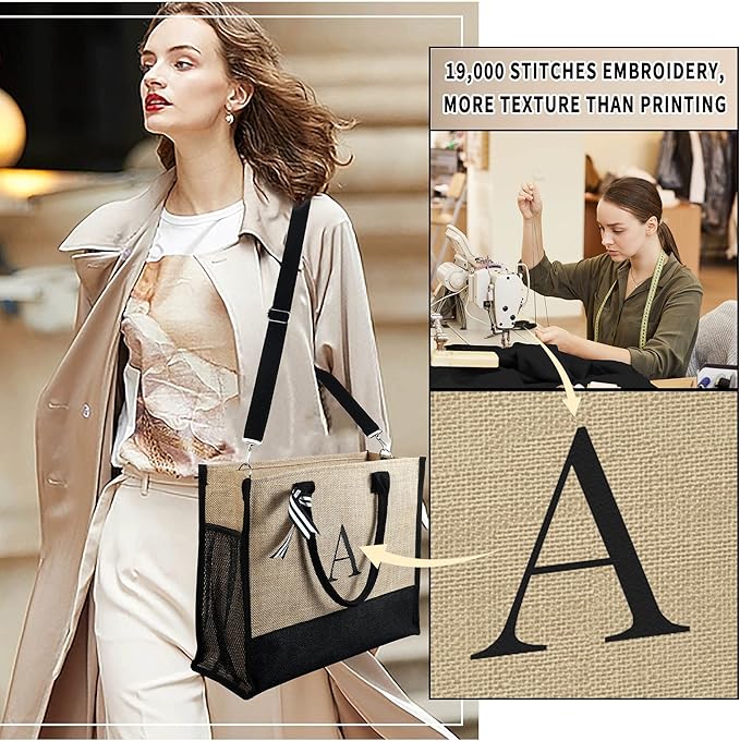 YOOLIFE Valentines Day Gifts for Her - Initial Jute Tote Bag & Makeup Bag, Birthday Gifts for Women Teacher Mom Wife Friend
