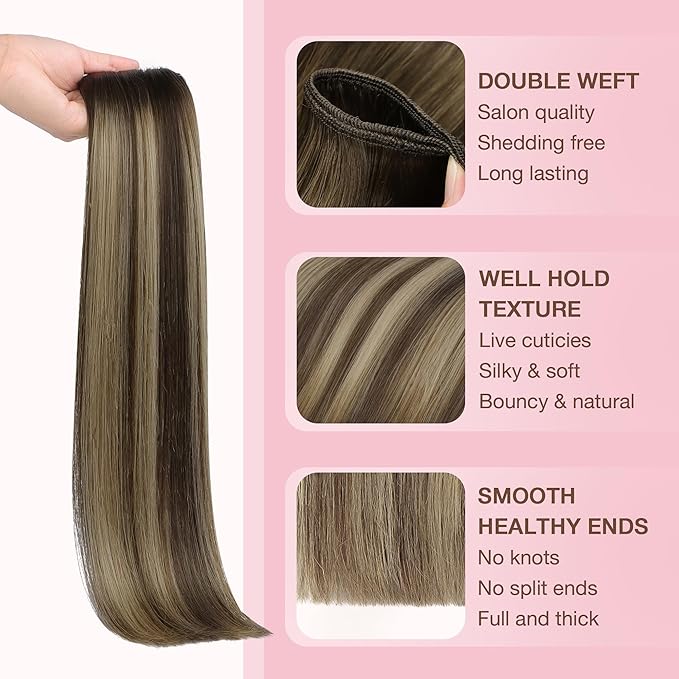 GOO GOO Sew in Hair Extensions Real Human Hair, Weft Hair Extensions Human Hair, 4/26/4 Balayage Chocolate Brown to Honey Blonde 22inch 145g, Weft Bundles Straight Silky Remy Hair
