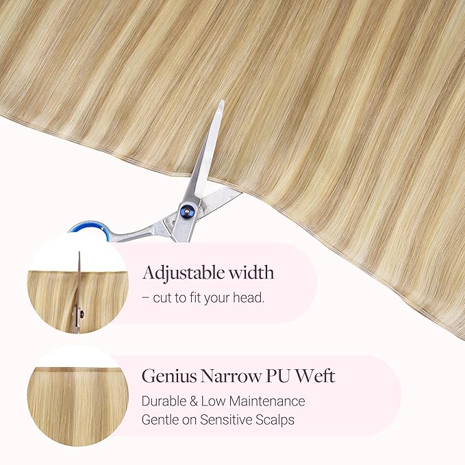GOO GOO Genius Narrow Edge PU Weft Hair Extensions Human Hair, Invisible Sew in Hair Extensions Human Hair, P16/22A Light Blonde Highlighted Golden Blonde 16 Inch 100g, Seamless Soft Lightweight