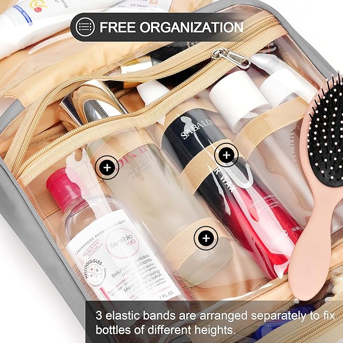 Travel Hanging Toiletry Bag for Women and Men, with 8 Leak Proofing Silicone Bottle Covers, Waterproof Makeup Accessories, Cosmetic Essentials, Cruise Ship Toiletries Bag with Jewelry Organizer, Pink