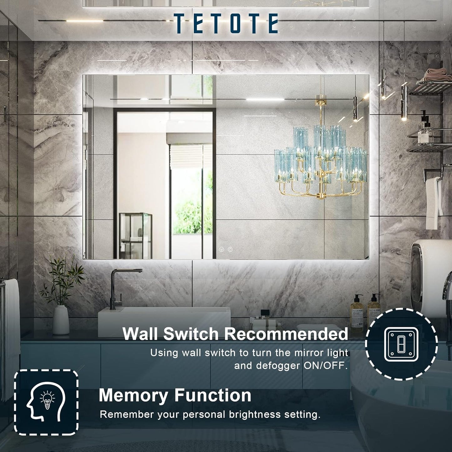 TETOTE 55 x 36 Inch LED Mirror Bathroom Backlit,Anti Fog,Dimmable,Vanity Lighted Mirror,(Horizontal/Vertical)