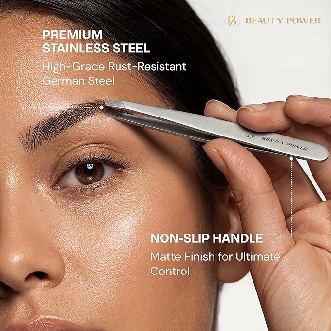 Professional Tweezers Set – Slant & Point, Ultra Precision German Stainless Steel Tweezers for Eyebrows, Chin, Ingrown Hair & Facial Grooming – Lightweight with Travel Case (Matte Grey)