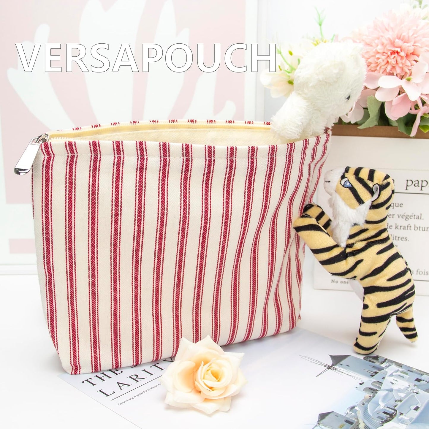 PAZIMIIK Makeup Bag Large Cotton Zipper Pouch for Purse Travel Canvas Make Up Organizer for Women Cosmetic,Vintage Stripe Red