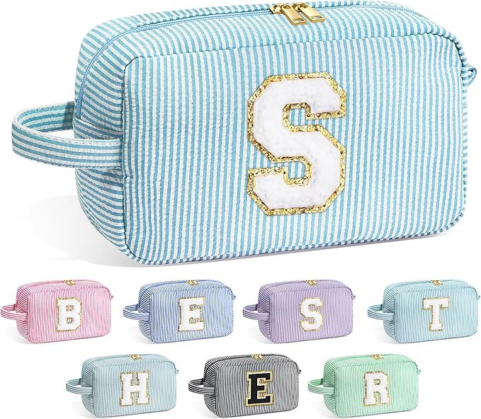 YOOLIFE Birthday Gifts for 6 7 8 9 10 11 12 13 14 15 Year Old Teen Girl - Initial Makeup Bag Letter Toiletry Pouch Cosmetic Case, Personalized Teen Girl Gifts Trendy Stuff Party Favor, Light Blue S