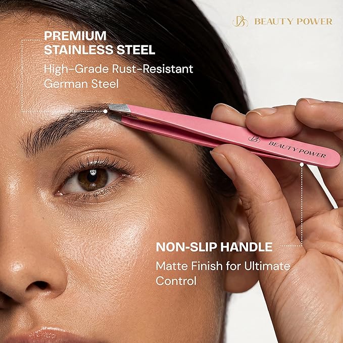 Professional Tweezers Set – Slant & Point, Ultra Precision German Stainless Steel Tweezers for Eyebrows, Chin, Ingrown Hair & Facial Grooming – Lightweight with Travel Case (Pink)