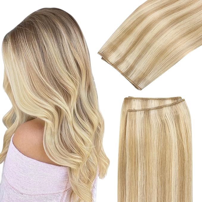 GOO GOO Sew in Hair Extensions Real Human Hair, Weft Hair Extensions Human Hair, 18A/613A Dark Blonde Highlighted Bleach Blonde 22inch 145g, Weft Bundles Straight Silky Remy Hair
