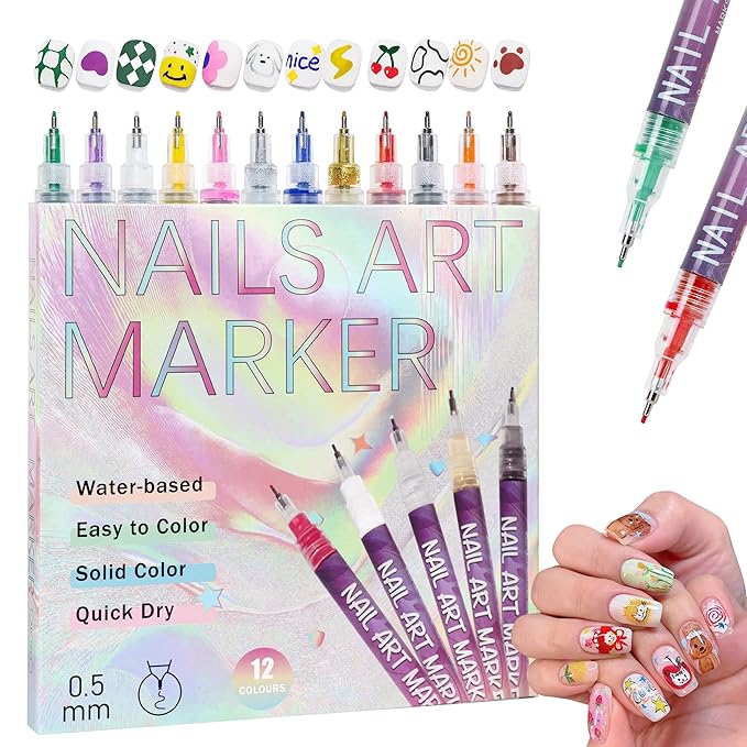12 Colors Nail Art Pens Set: Fine Tip 0.5mm Quick-Dry Nail Art Markers for DIY Nail Designs & Nail Painting, Ideal Gift for Women & Girls, Great for Home Salon & Beginners