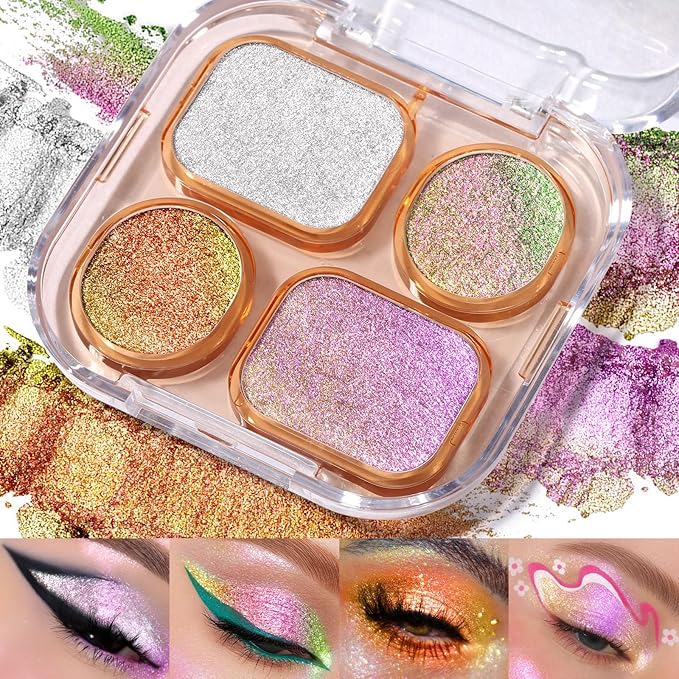 UCANBE Chameleon Shimmer Eyeshadow Makeup Palette, 4 Colors Metallic Glitter Multichrome Eye Shadow Pallet, High Pigmented Creamy Sparkling Duo Chrome Multidimensional Eye Make Up Kit