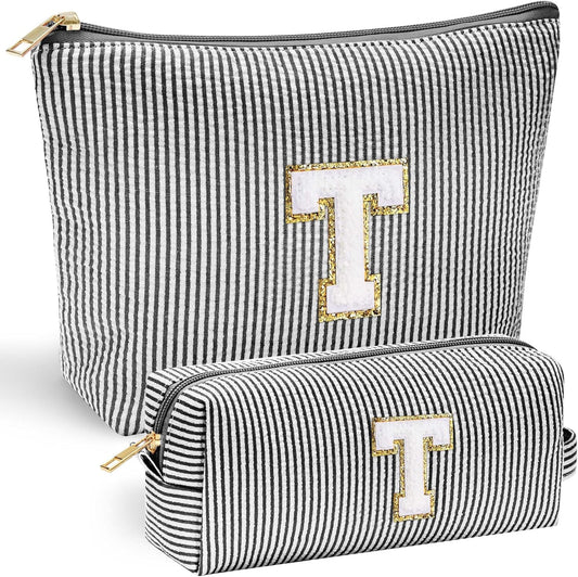 YOOLIFE Teacher Appreciation Gifts for Women - Personalized Birthday Gifts Idea for Women Teacher Best Friend Mom Bridesmaid, Large Initial Makeup Bag, Cosmetic Toiletry Bag Case Make Up Pouch Black T